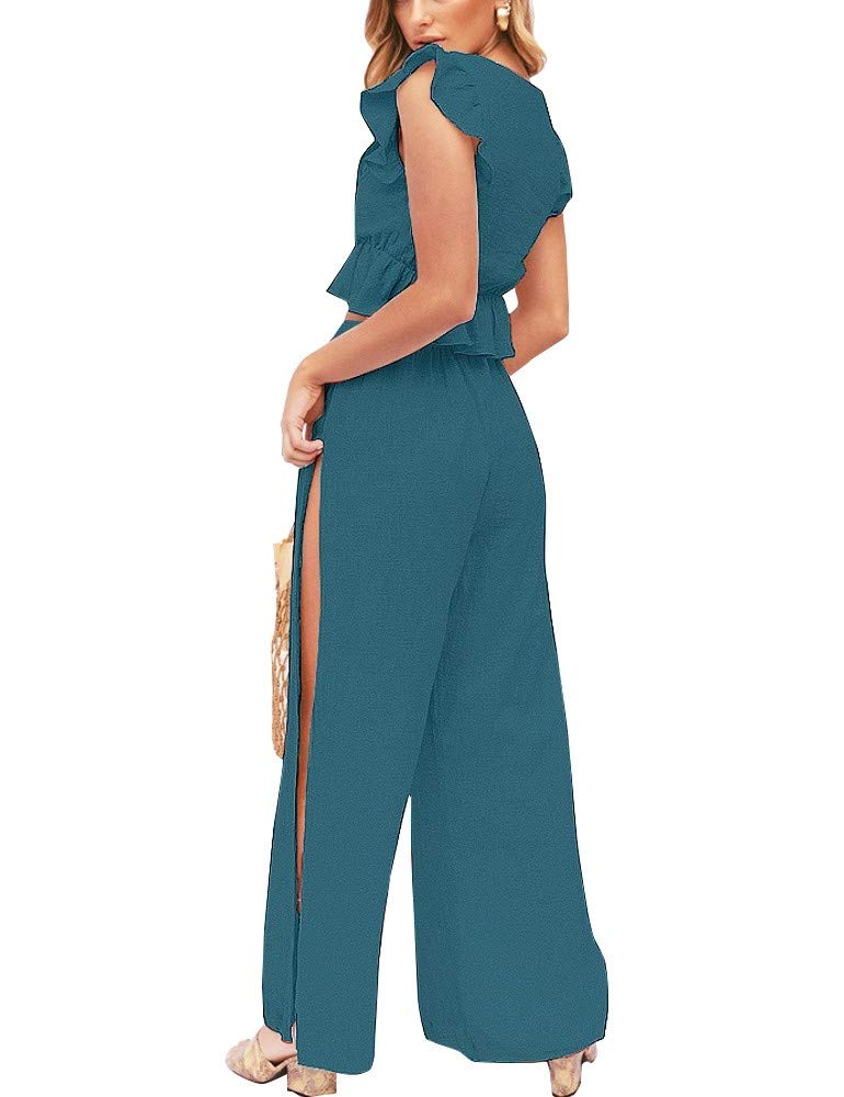 FANCYINN Womens Teal Bule Two Pieces Outfits Deep V Neck Crop Top Side Slit Drawstring Wide Leg Pants Set Jumpsuits XL - Image 2